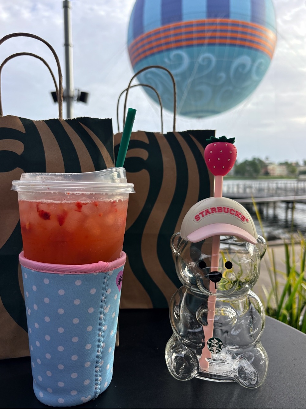 Starbucks Pink & Clear Strawberry Bear Glass Bottle with Straw
